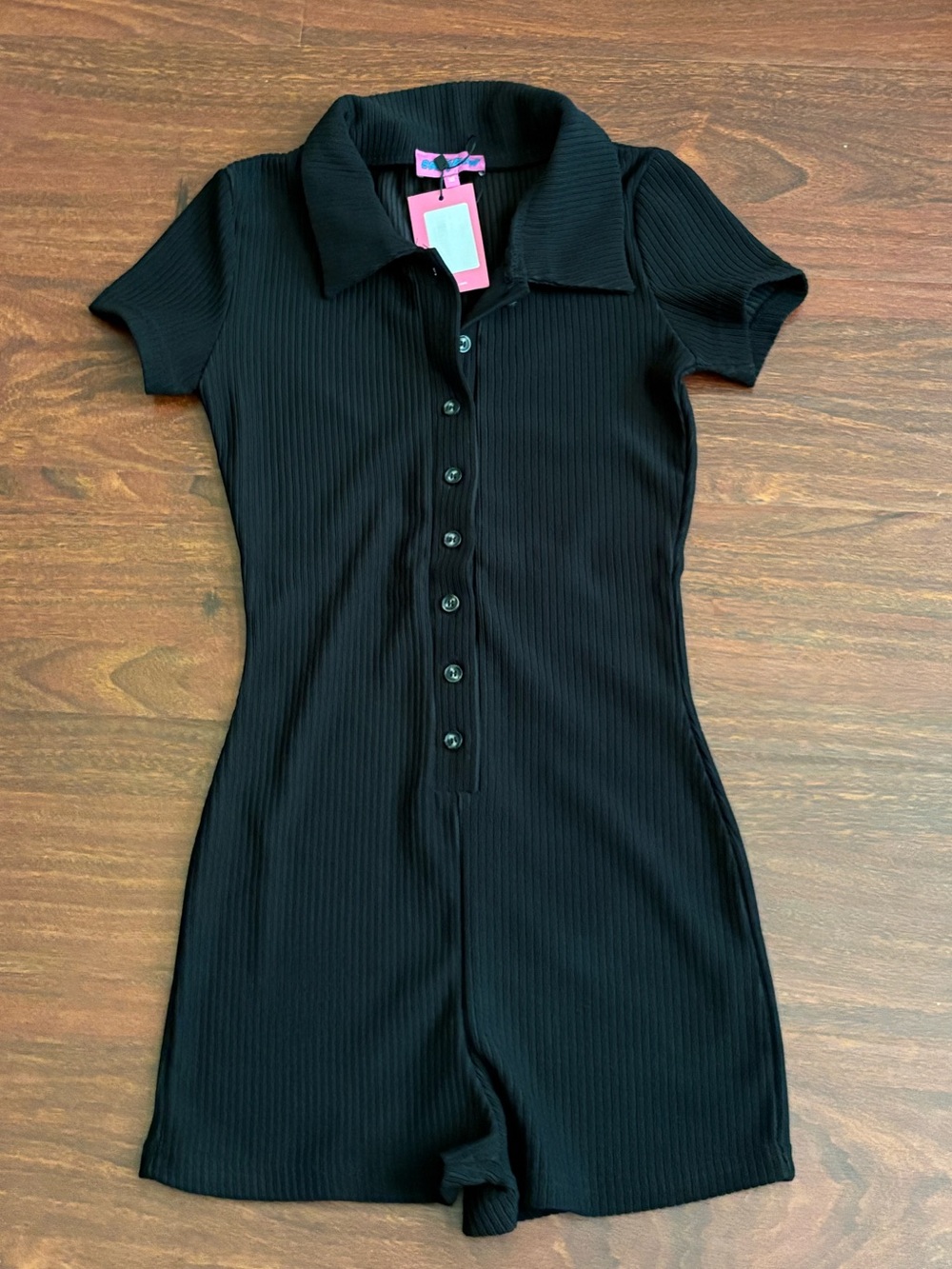 Edikted black ribbed romper with button up front